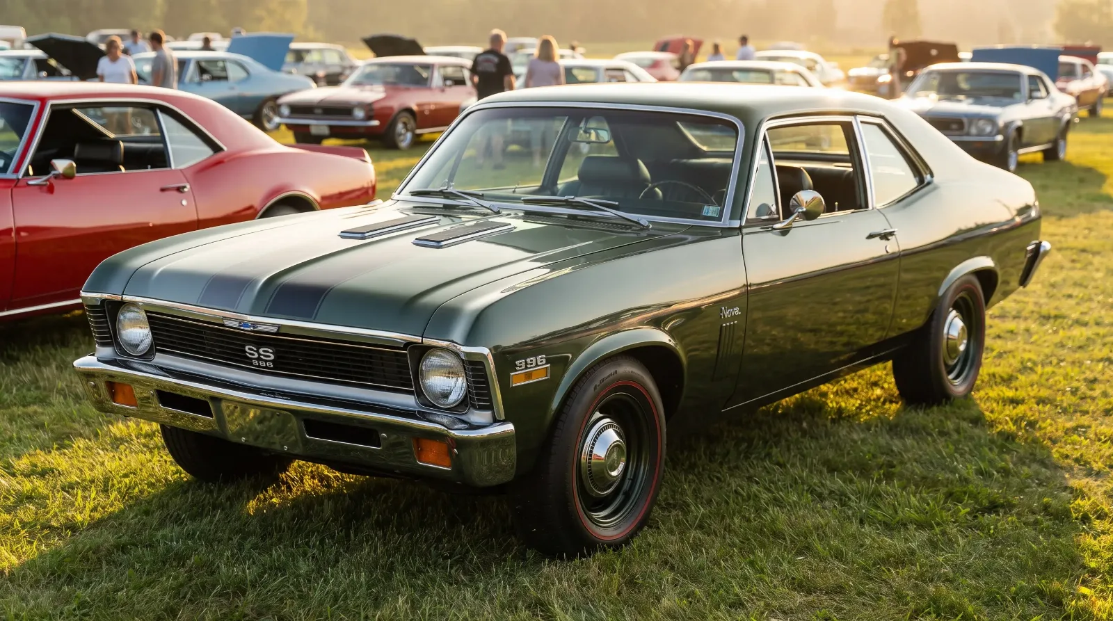 1969 Chevrolet Nova SS 396 in dark green at a golden-hour car show