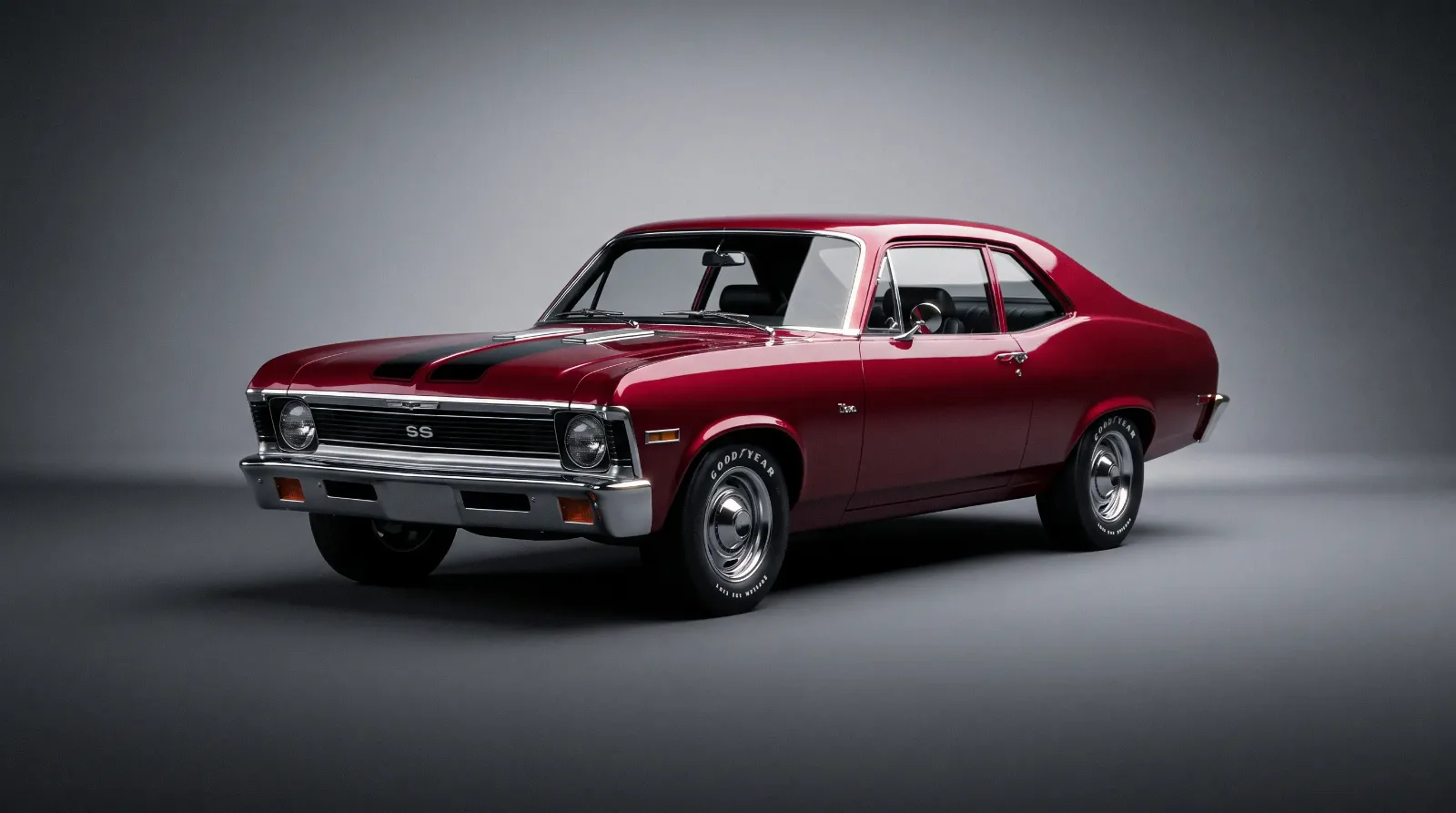 1970 Chevrolet Nova SS in Cranberry Red with black stripe kit, studio three-quarter shot