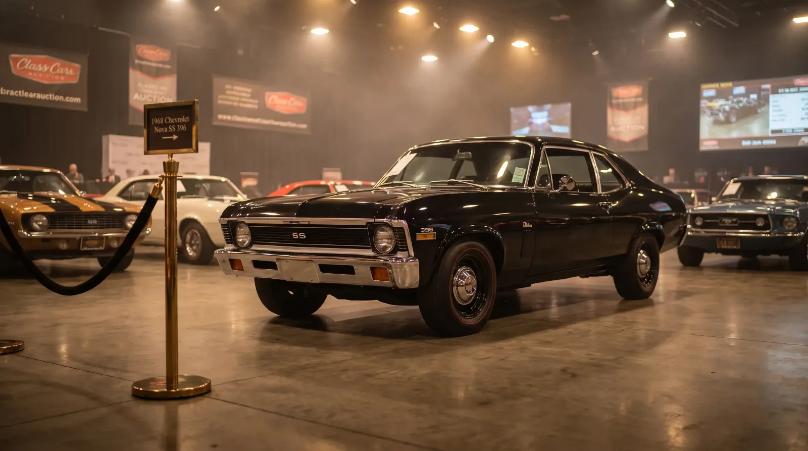 Pristine 1968 Chevrolet Nova SS 396 in Tuxedo Black under auction house spotlights