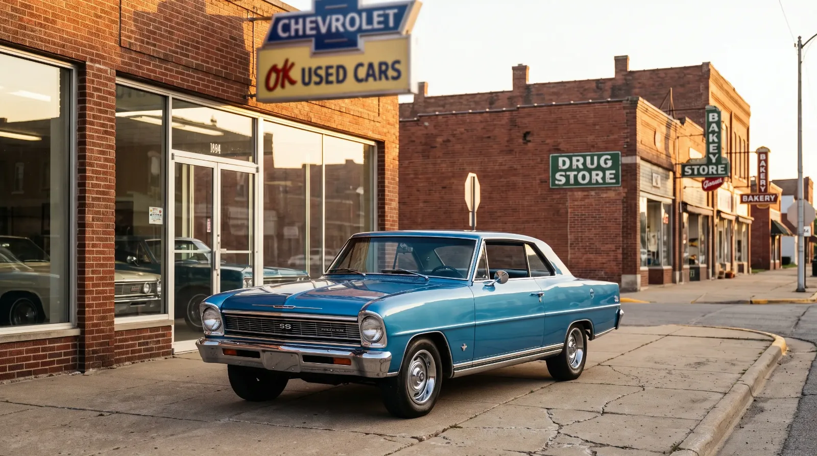 1966 Chevy II Nova SS in Marina Blue parked outside a period Chevrolet dealership