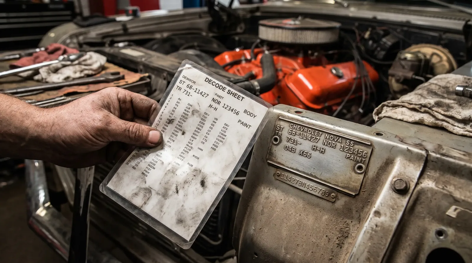 Mechanic inspecting a 1968 Chevrolet Nova SS cowl tag and VIN plate against a decode sheet