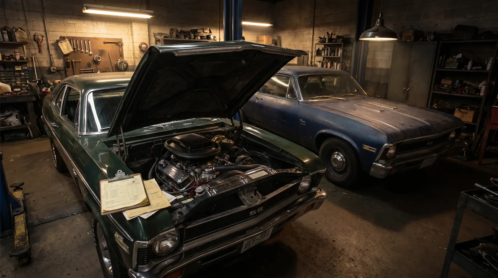Two 1969 Chevrolet Nova SS cars in a garage bay, one verified with a numbers-matching 396, the other in shadow