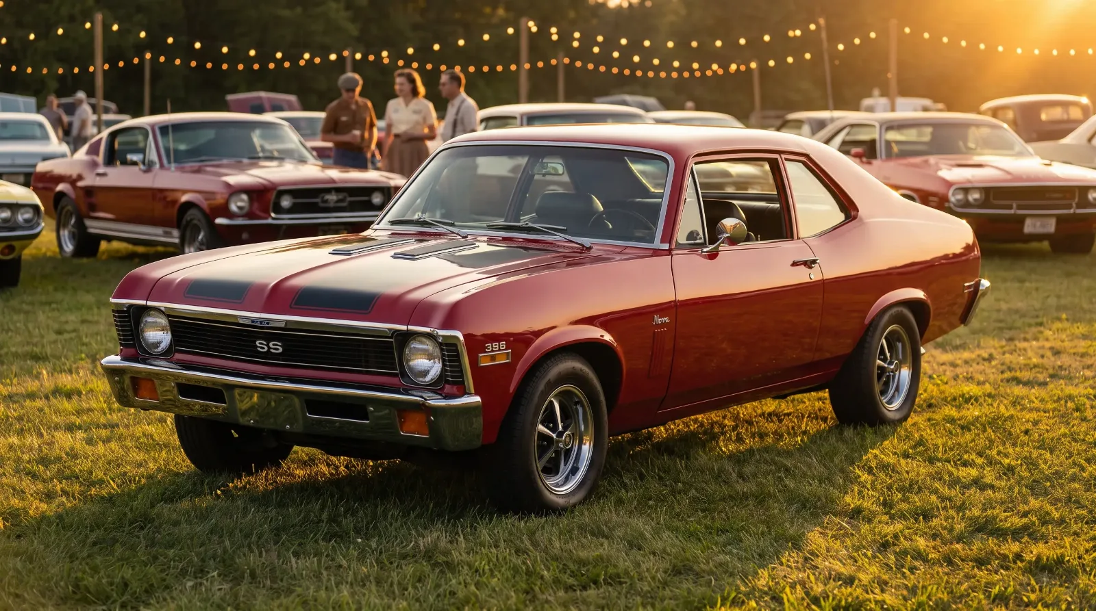 1970 Chevrolet Nova SS 396 in red with black stripes at a golden-hour classic car show