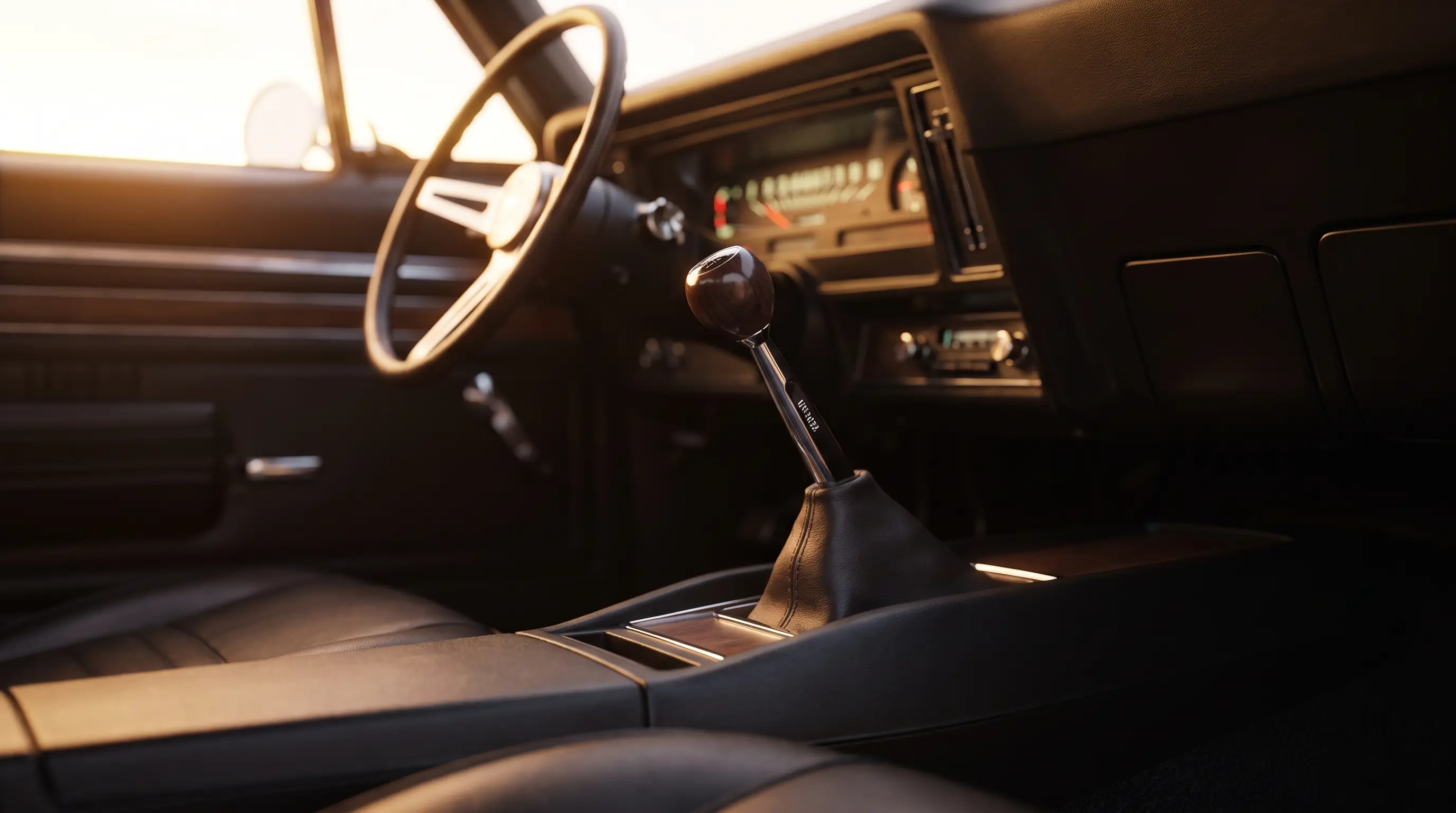 Classic Chevy Nova interior showing a Muncie four speed shifter with wood grain knob