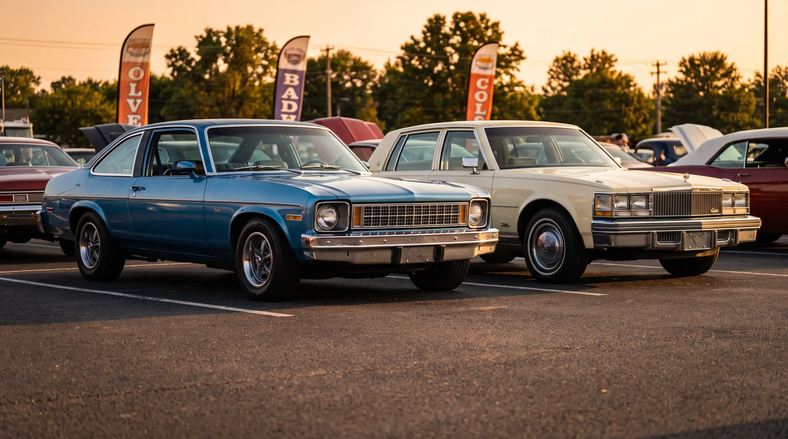Blue Chevrolet Nova and cream Cadillac Seville parked together at a car show