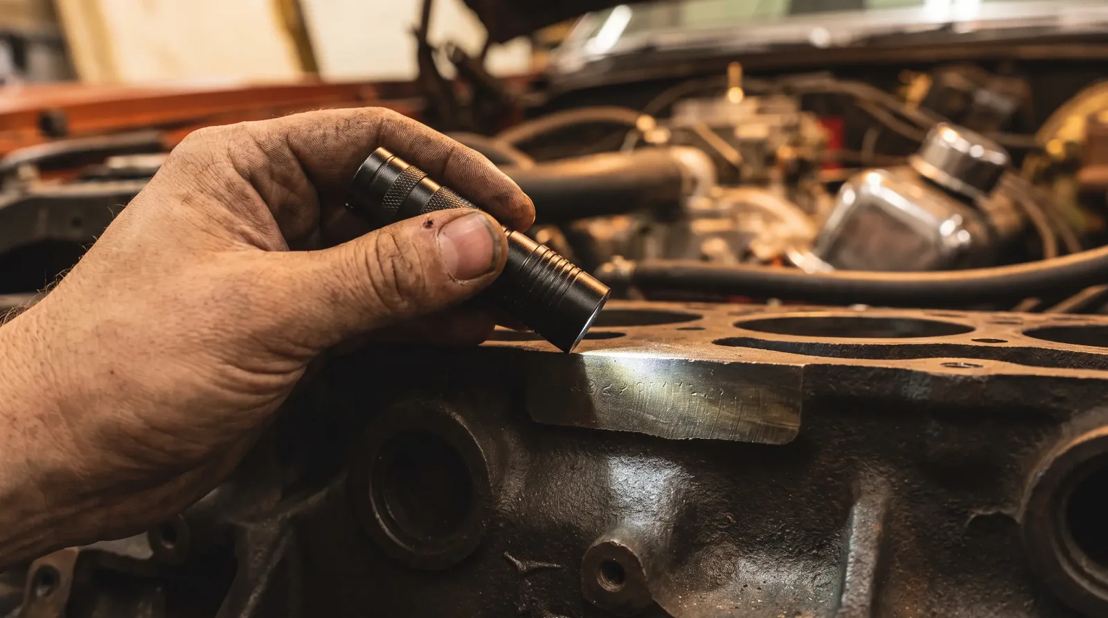 Mechanic shining a flashlight on the stamping pad of a vintage V8 engine block to read the numbers