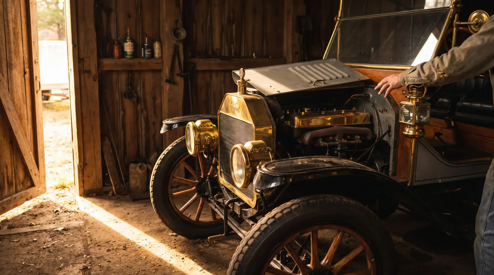 Brass-era automobile in dim garage, hand on engine