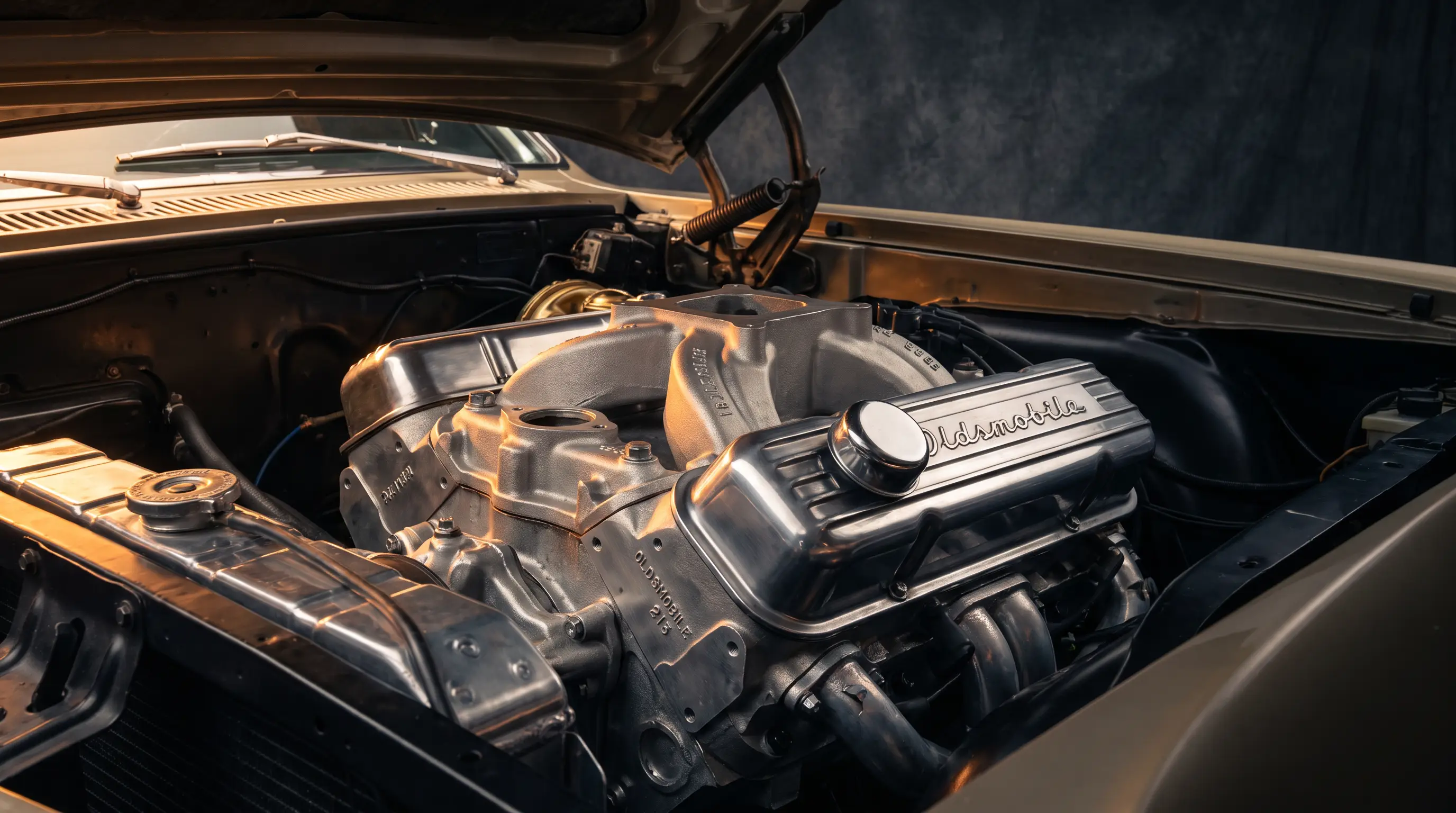 Polished silver Oldsmobile aluminum 215 V8 engine under an open hood