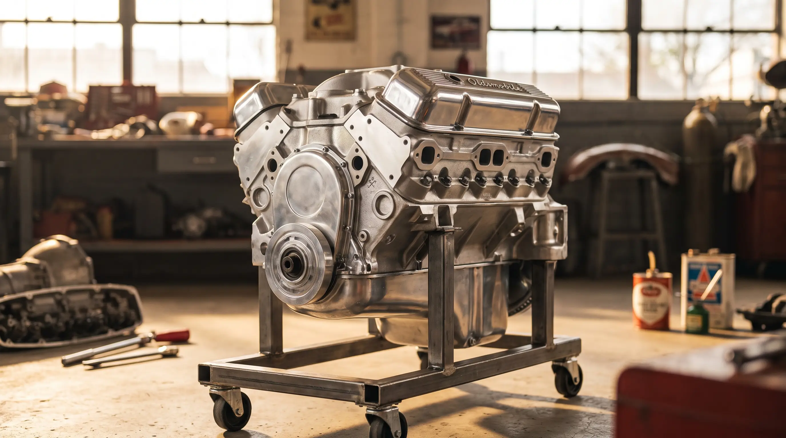 Aluminum Oldsmobile 215 V8 engine displayed on a stand in a bright workshop