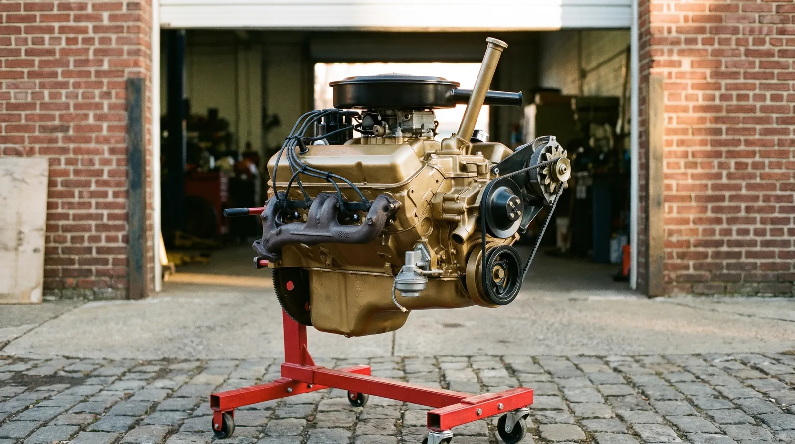 Oldsmobile 350 Rocket V8, gold-painted engine on a stand in a brick alley