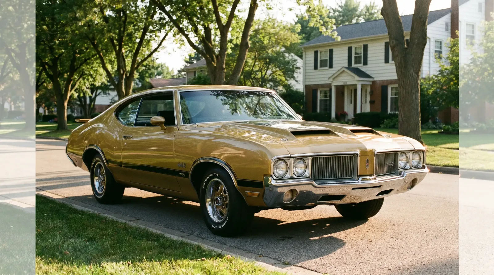 Gold 1970 Oldsmobile 4-4-2 W-30 with twin-scoop hood parked on a sunlit tree-lined street