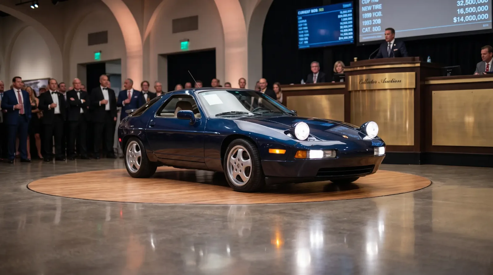 Pristine Porsche 928 GTS displayed on a podium at a collector car auction house