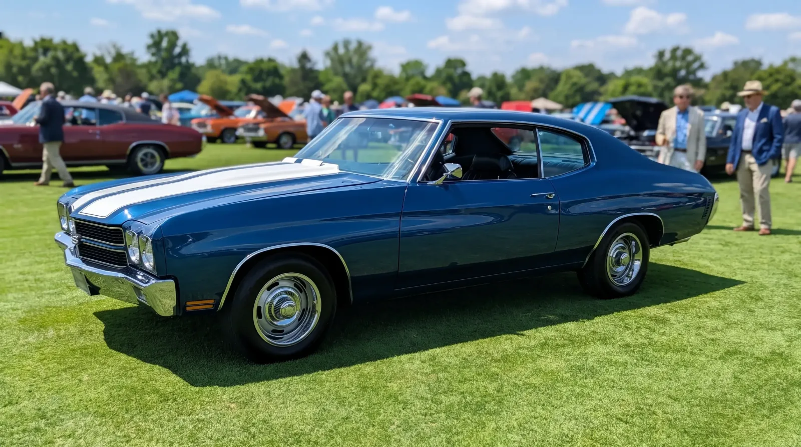 Dark blue 1970 Chevrolet Chevelle SS with white stripes displayed on a concours show lawn