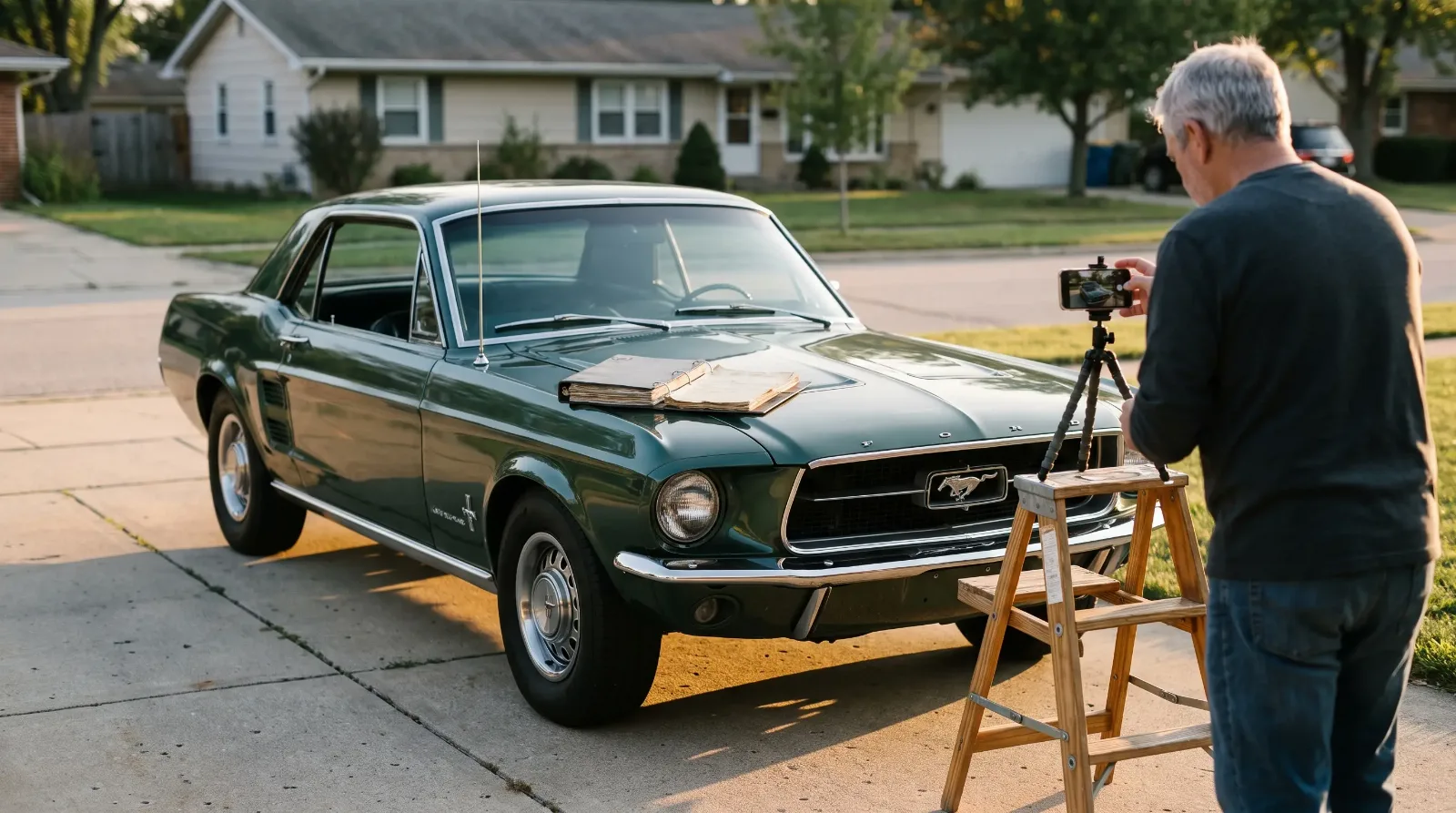 Owner photographing a green 1968 Mustang coupe with its records binder at sunset