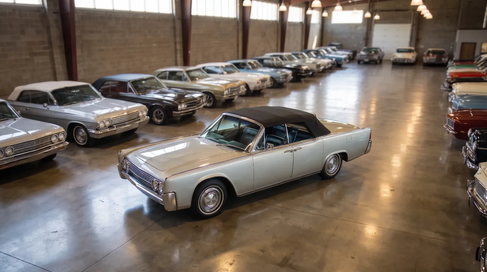 Silver 1964 Lincoln Continental convertible among consigned classics on a dealer showroom floor