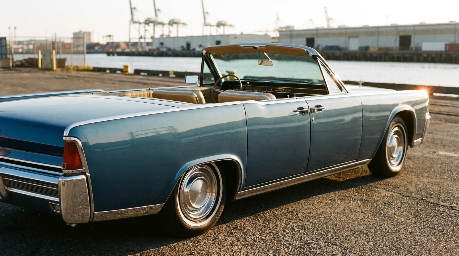 1964 Lincoln Continental convertible, top down at a golden-hour waterfront