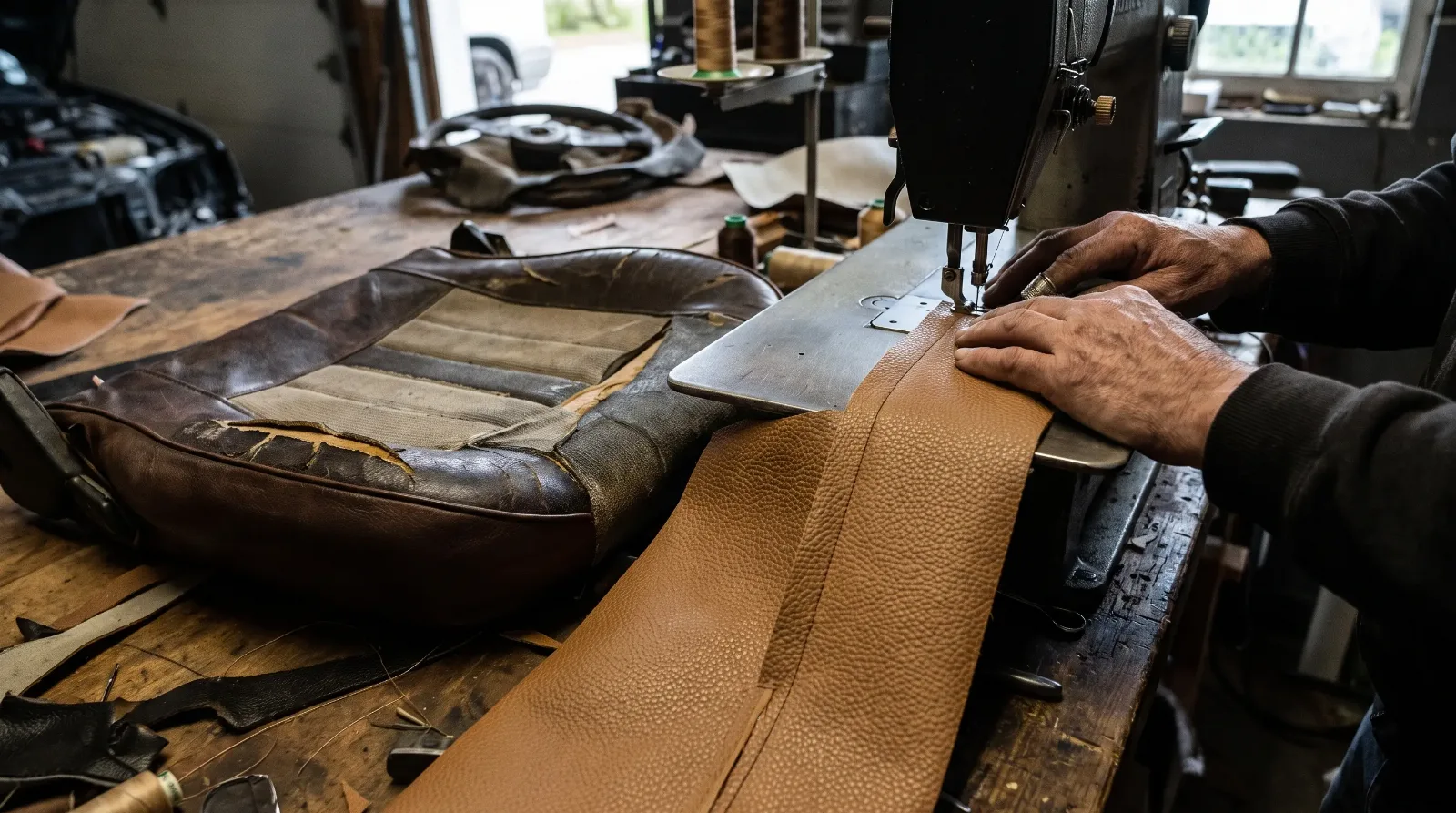 Trim shop craftsperson stitching a tan embossed vinyl seat cover for a 1960s coupe beside the cracked original cover used as a pattern