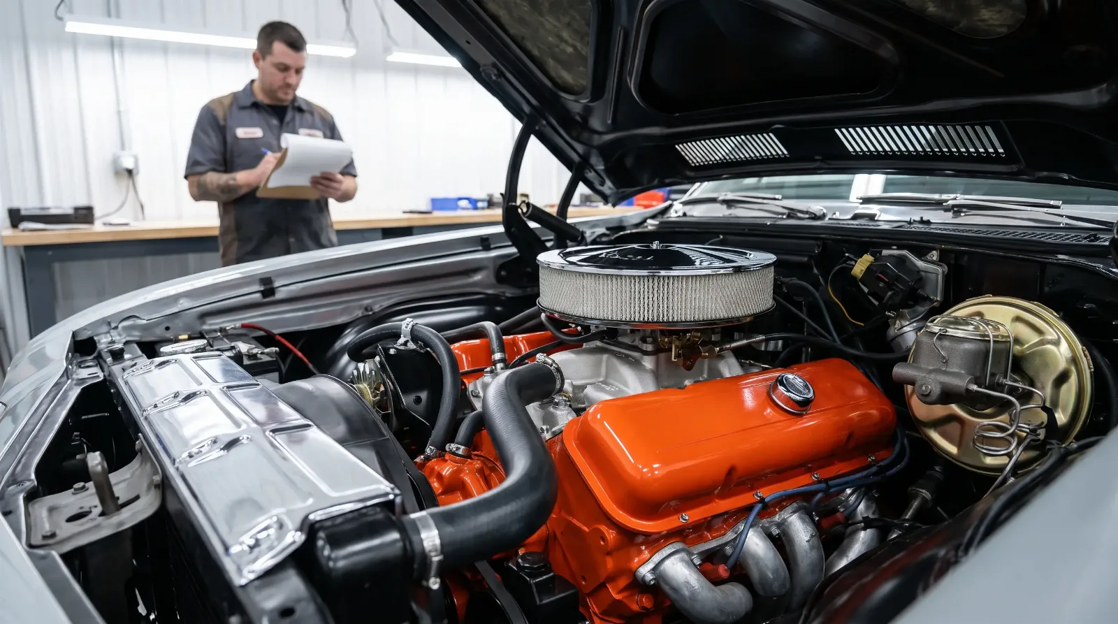 Factory-correct restored engine bay of a late-1960s muscle car with date-coded components