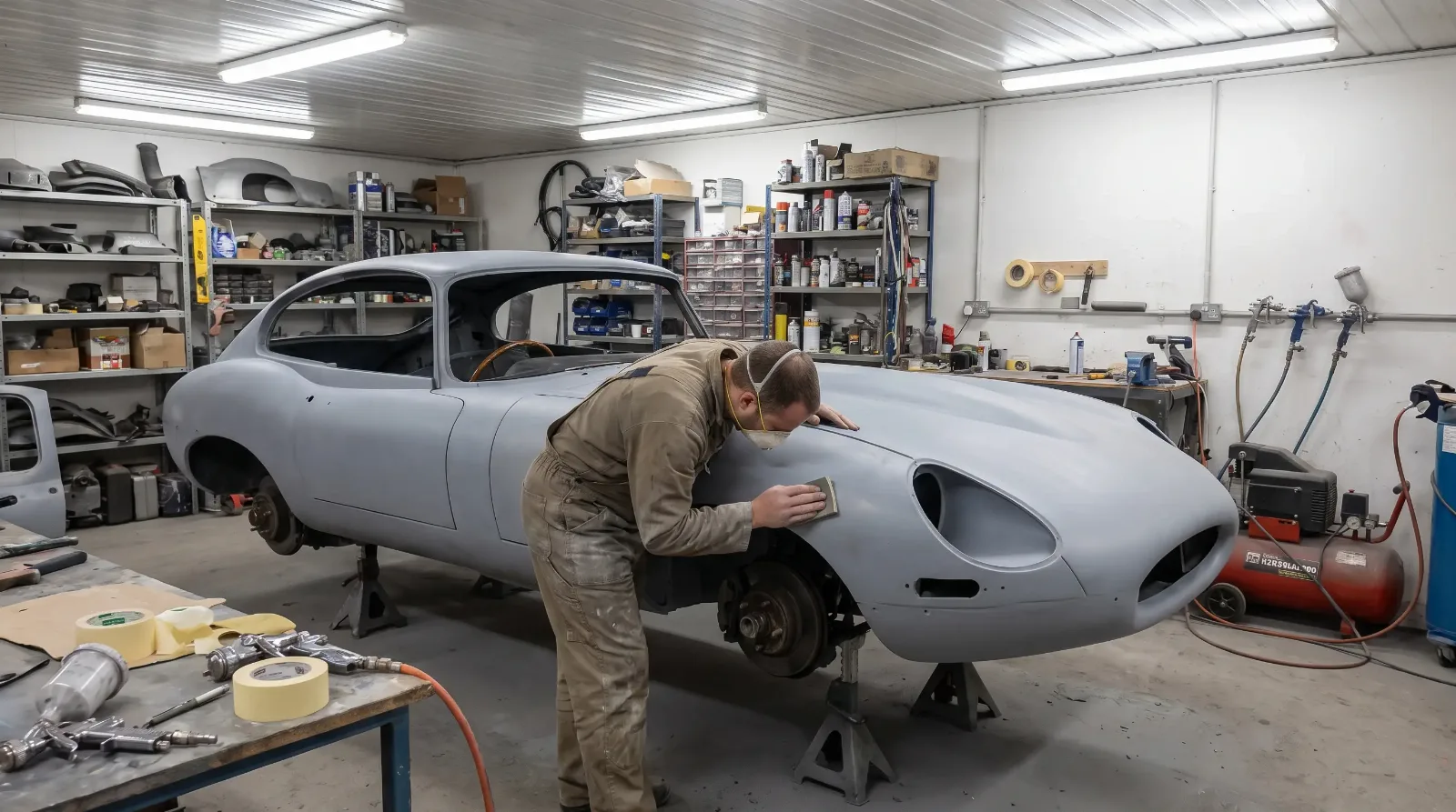 Classic luxury car mid-restoration in a workshop