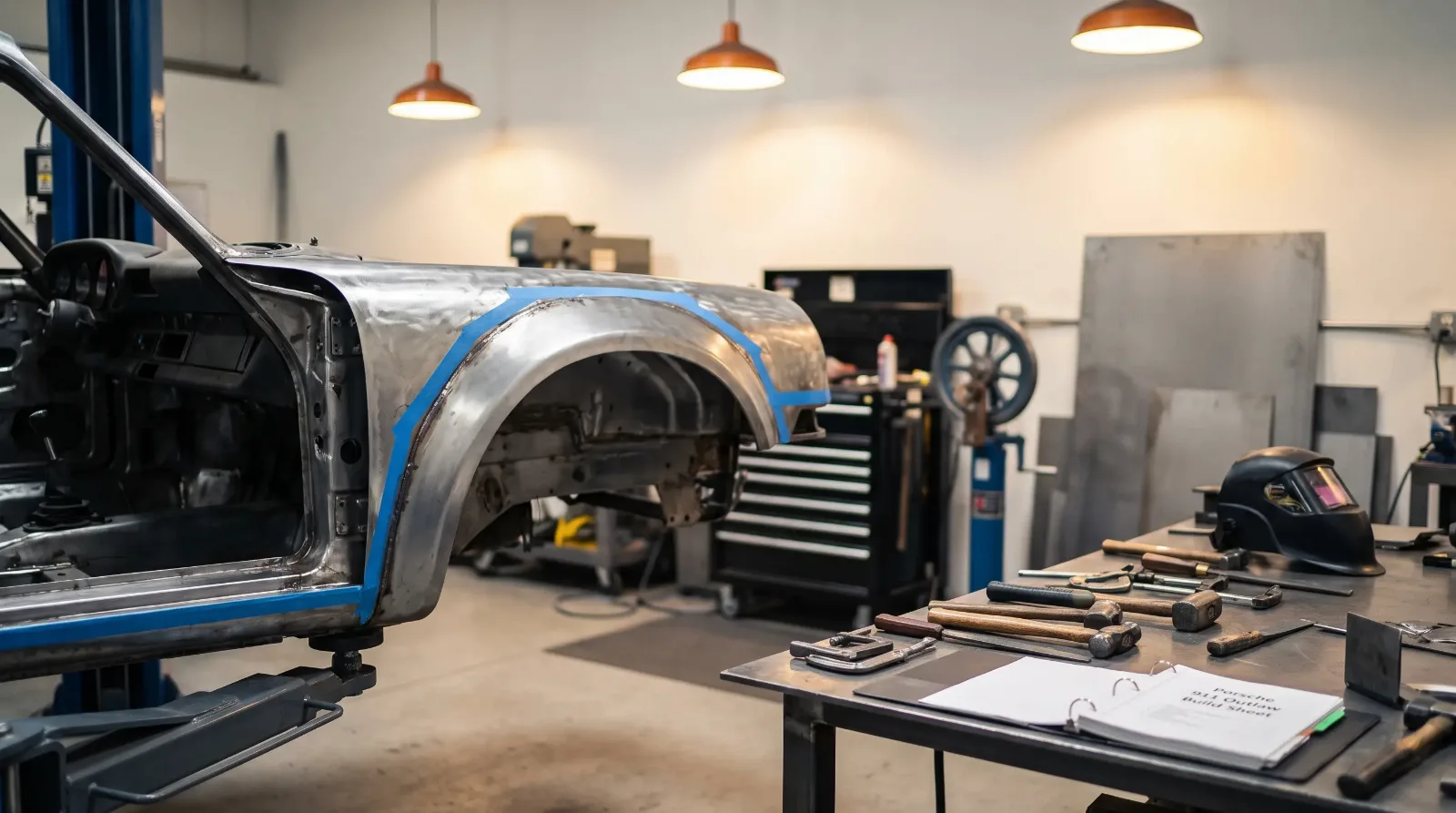 Hand-widened air-cooled Porsche 911 outlaw build mid-fabrication on a lift in a custom coachbuilder shop
