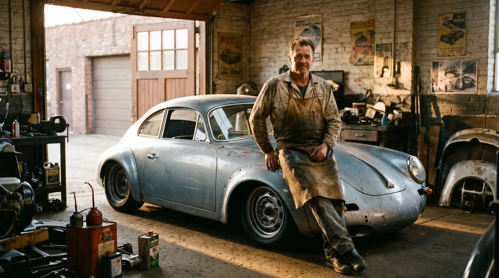 Veteran Porsche builder standing beside a hand-built outlaw 356 in a sunlit vintage garage workshop
