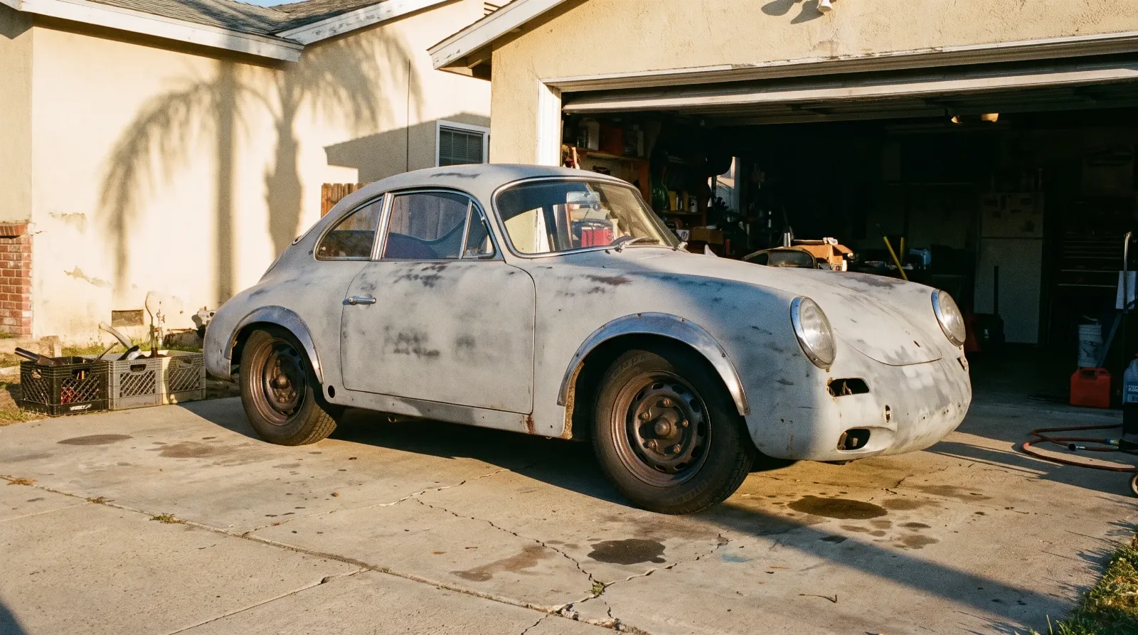 Faded gray primer Porsche 356 outlaw coupe with hand-flared fenders parked in a sun-bleached SoCal driveway