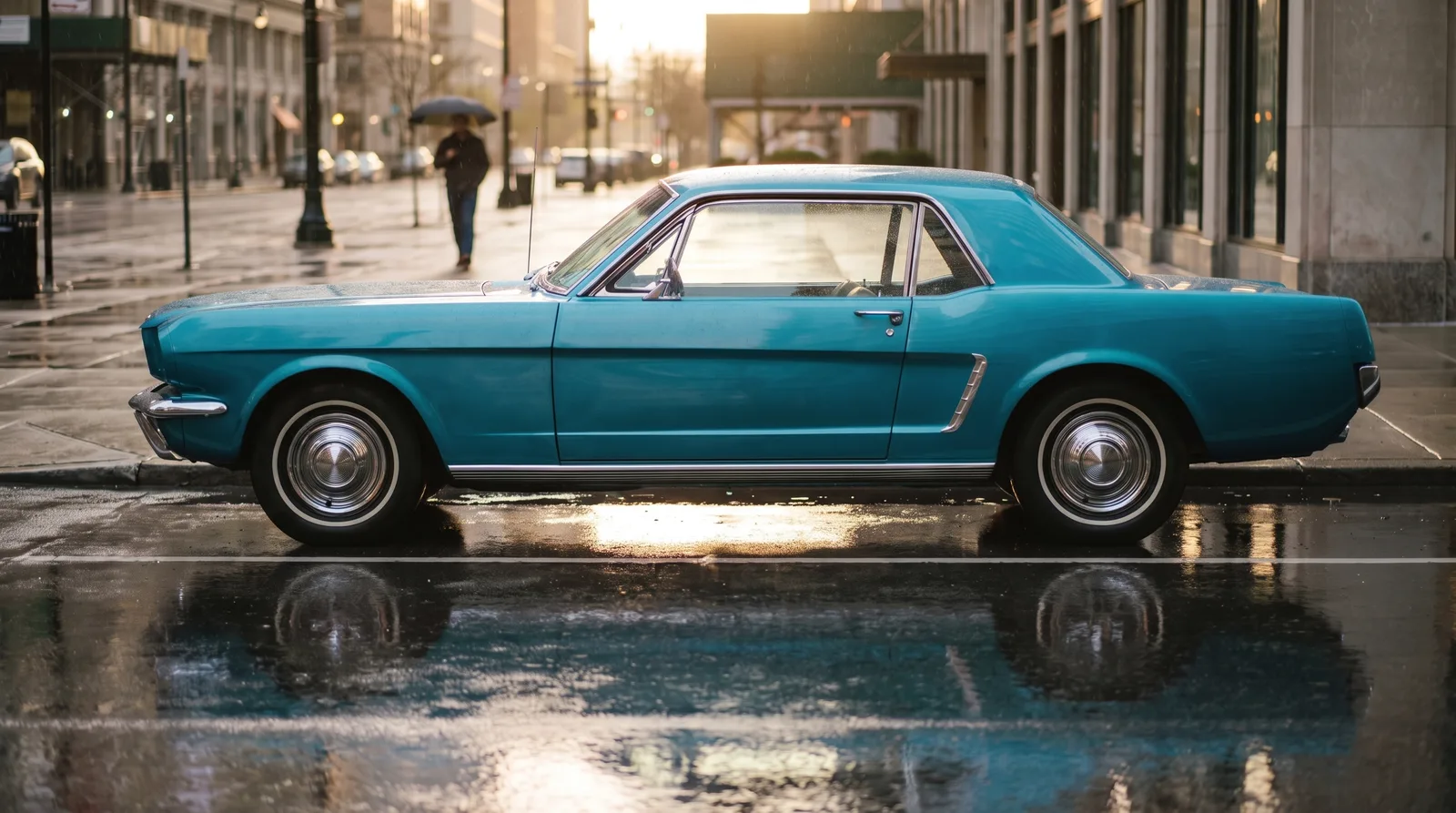 1966 Ford Mustang coupe, glossy profile on a rainy city avenue
