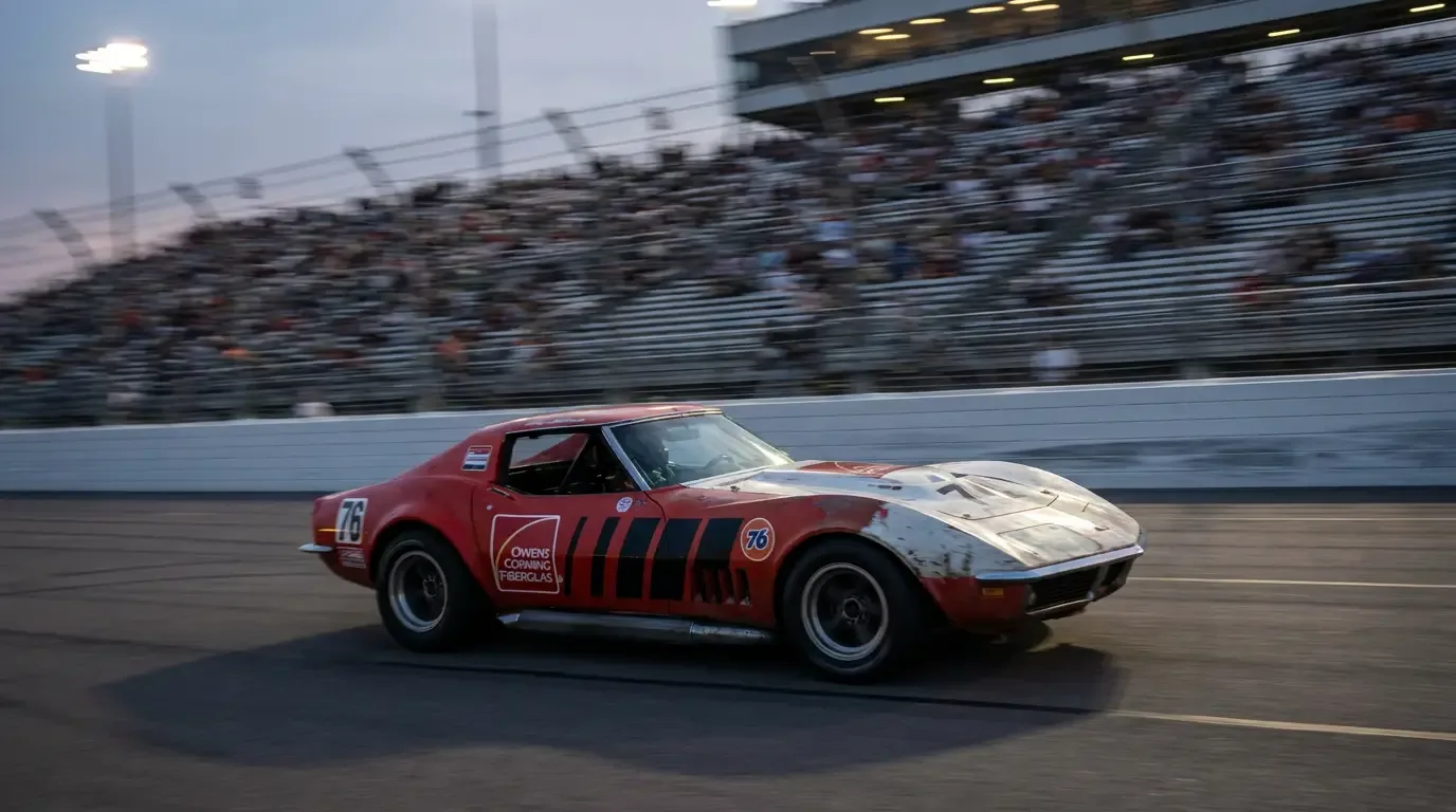 Red and white Owens Corning sponsored 1969 Chevrolet Corvette L88 C3 racing car at speed during the 24 Hours of Daytona with distinctive speed block graphics