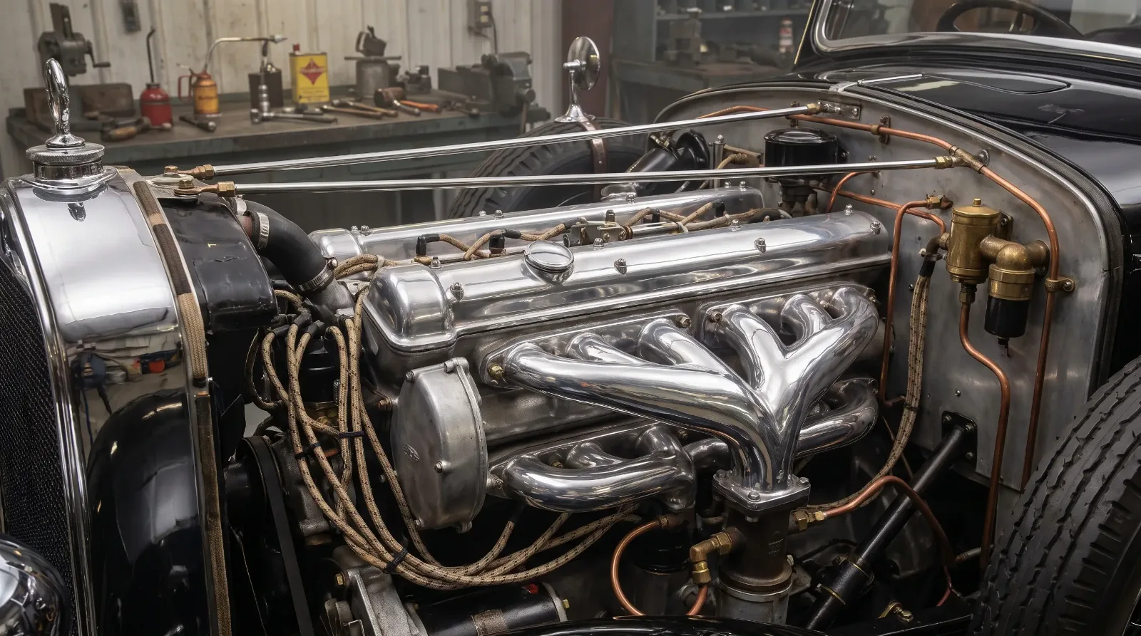 Prewar American luxury car twelve-cylinder engine bay