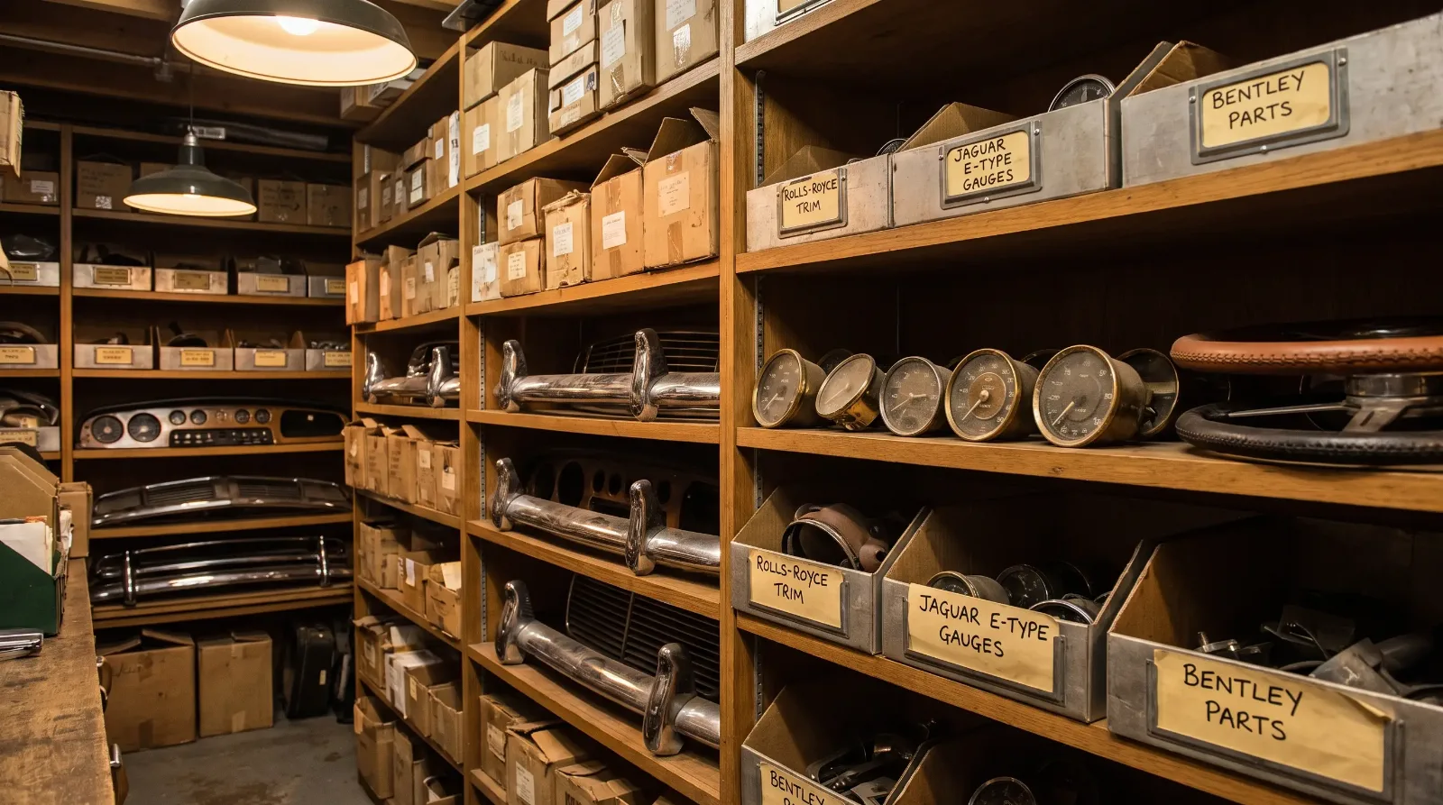 Stockroom shelves of vintage classic luxury car parts