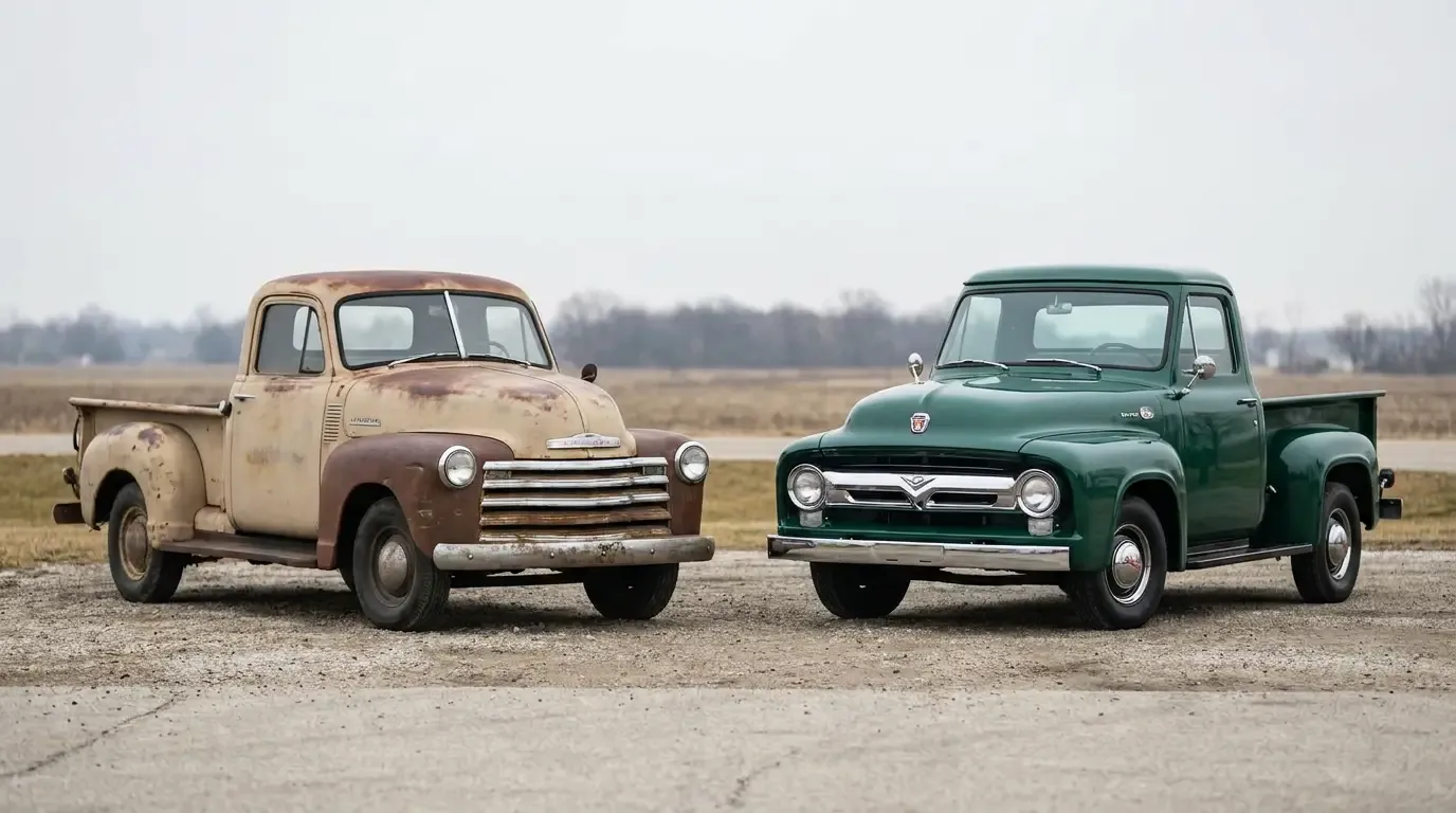 A weathered patina classic pickup with faded paint and surface rust parked beside a glossy fully-restored pickup of the same era
