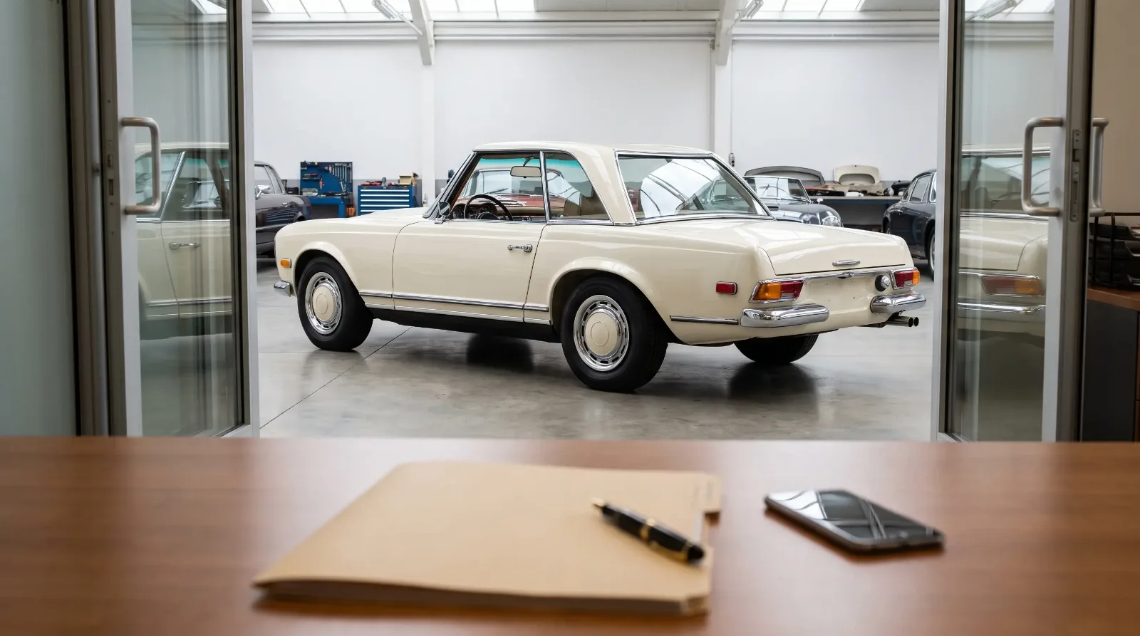 Ivory 1970 Mercedes-Benz 280SL seen from a dealer office desk with a closed folder