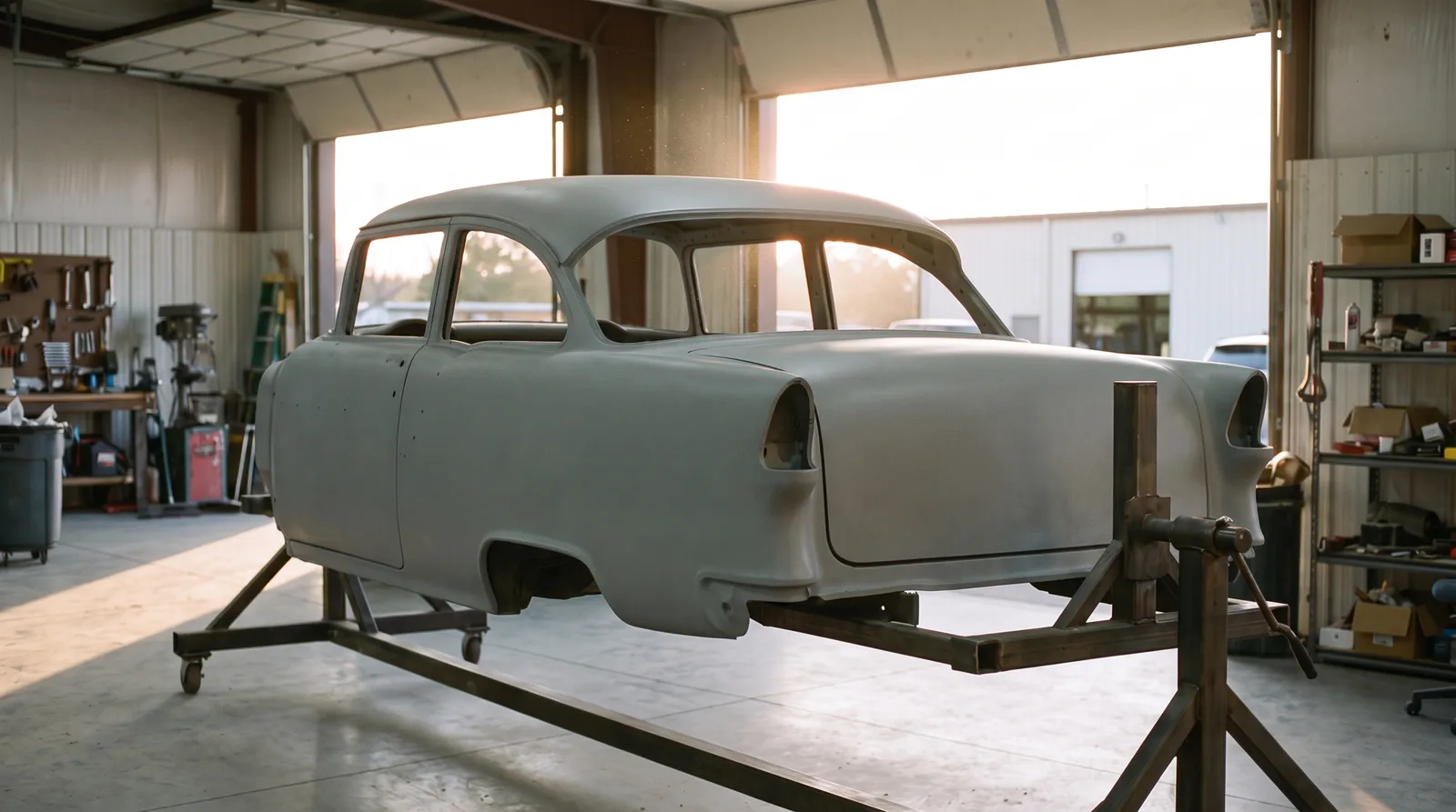 1955 Chevrolet 210 sedan, primer body shell on a rotisserie