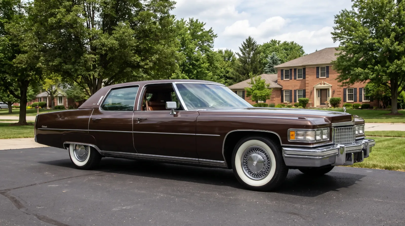 1976 Cadillac Fleetwood Brougham three-quarter view showing its immense length and formal vinyl roof