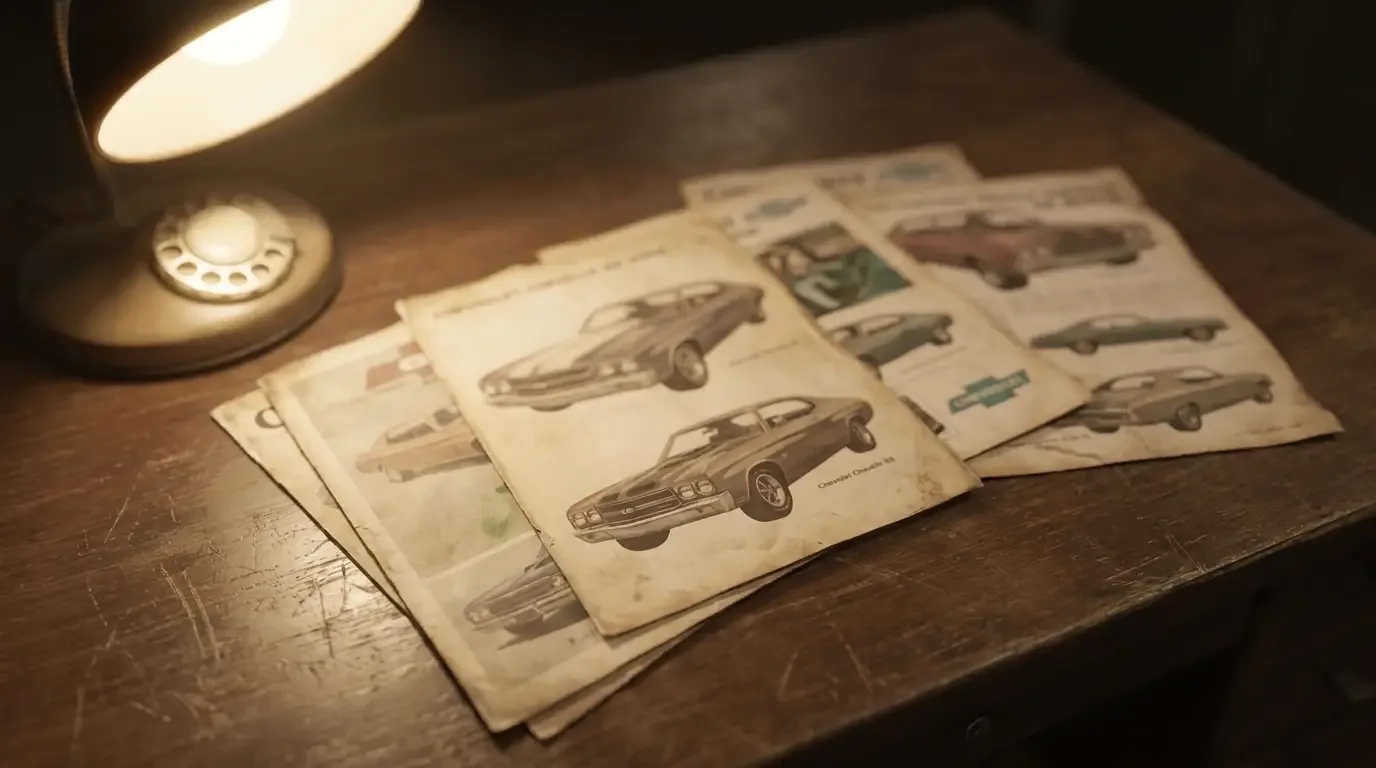 Vintage Chevelle magazine advertisements stacked on a desk