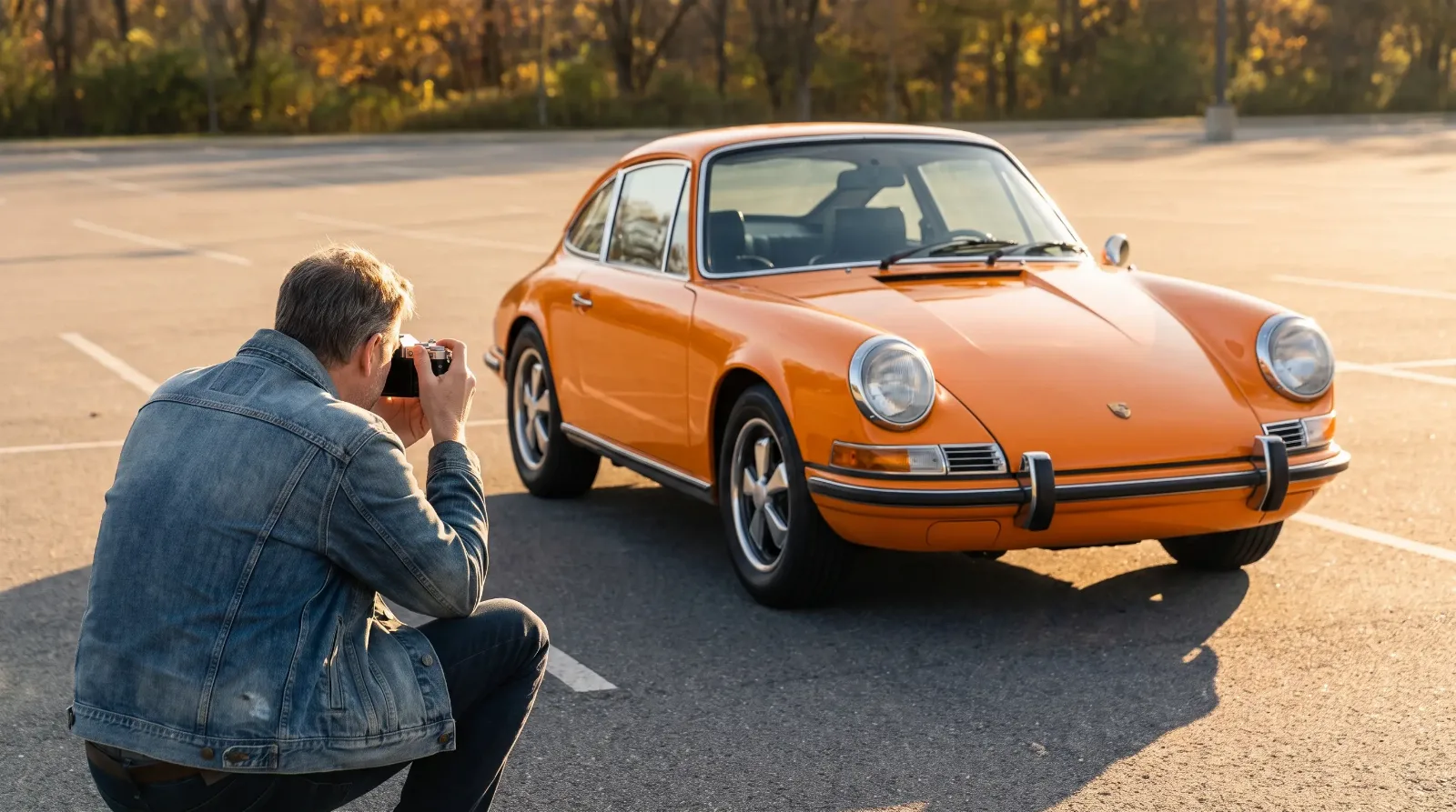 Owner crouching with a camera to photograph an orange 1973 Porsche 911T at golden hour