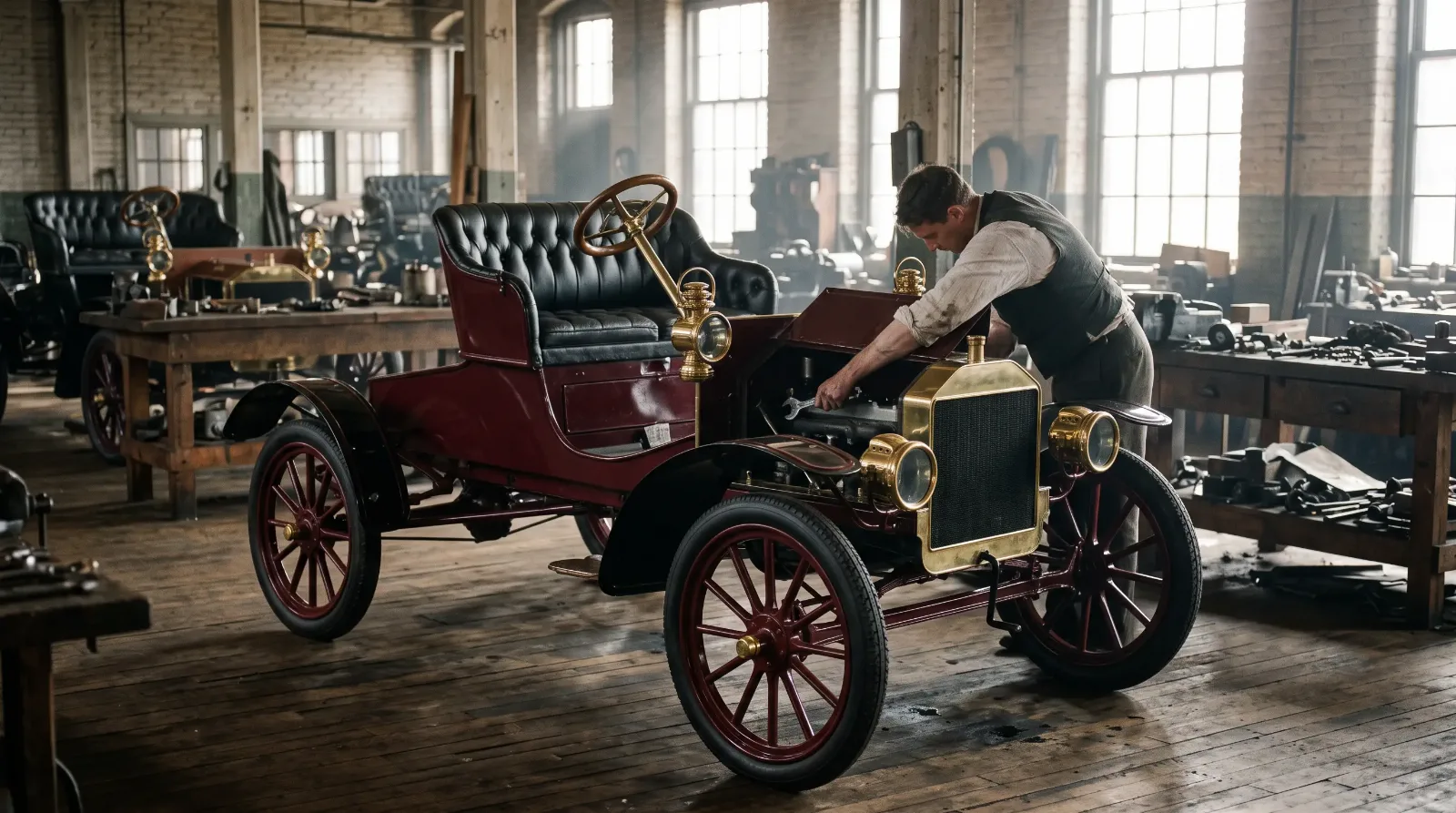 1906 Ford Model N runabout, mechanic at work in an early assembly room