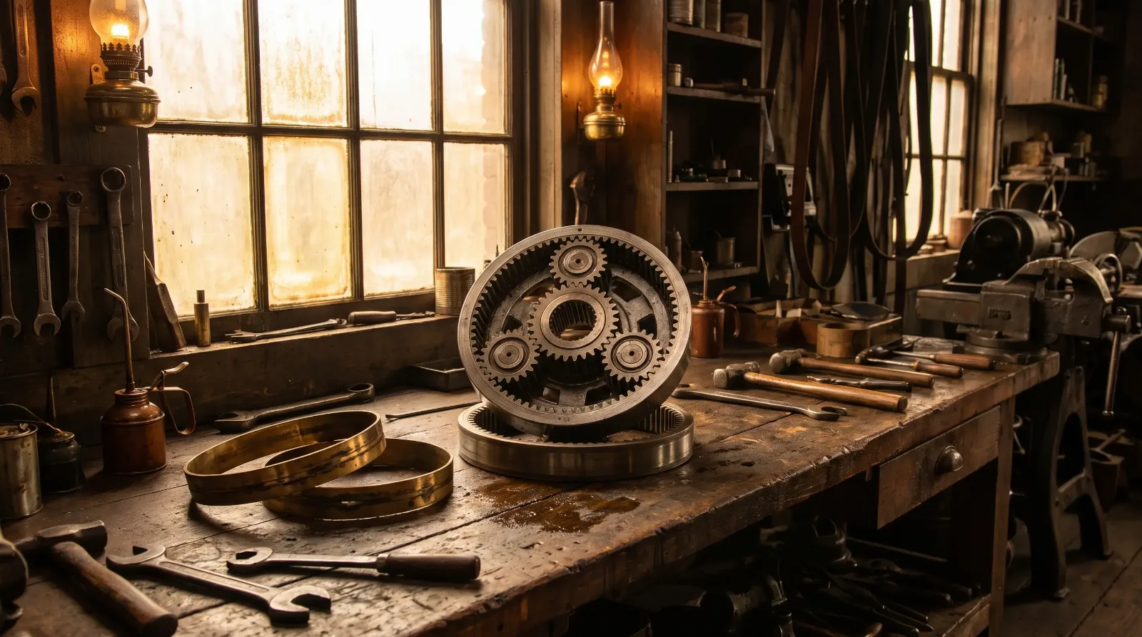 Disassembled planetary gear cluster on a workbench
