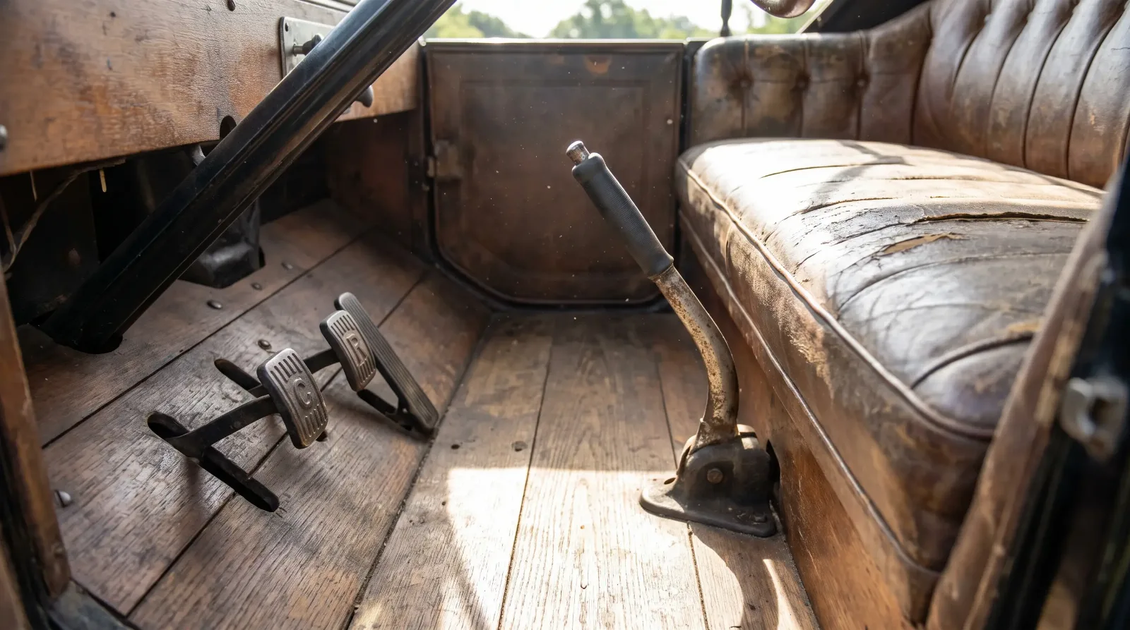 Model T floor pedals and hand lever detail