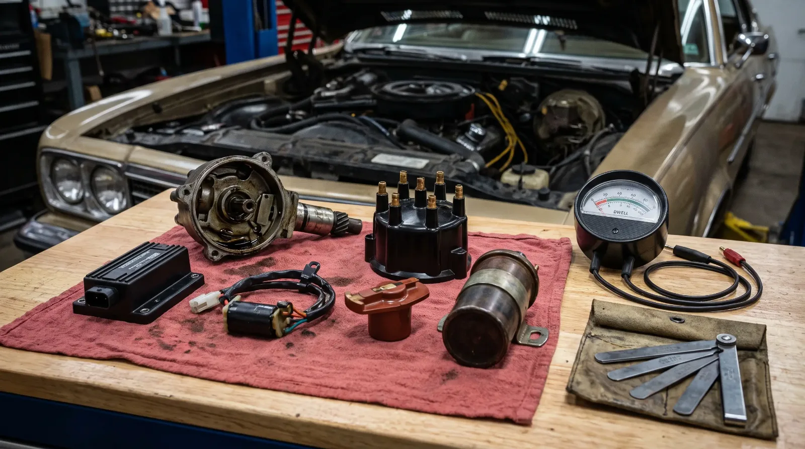 Disassembled distributor with an electronic ignition module, pickup, cap and rotor beside a dwell meter and feeler gauges