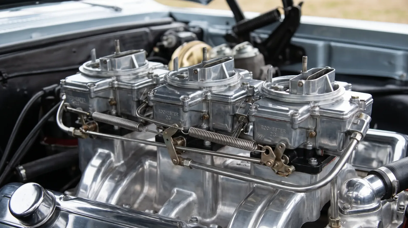 389 Tri-Power triple carburetor setup close-up
