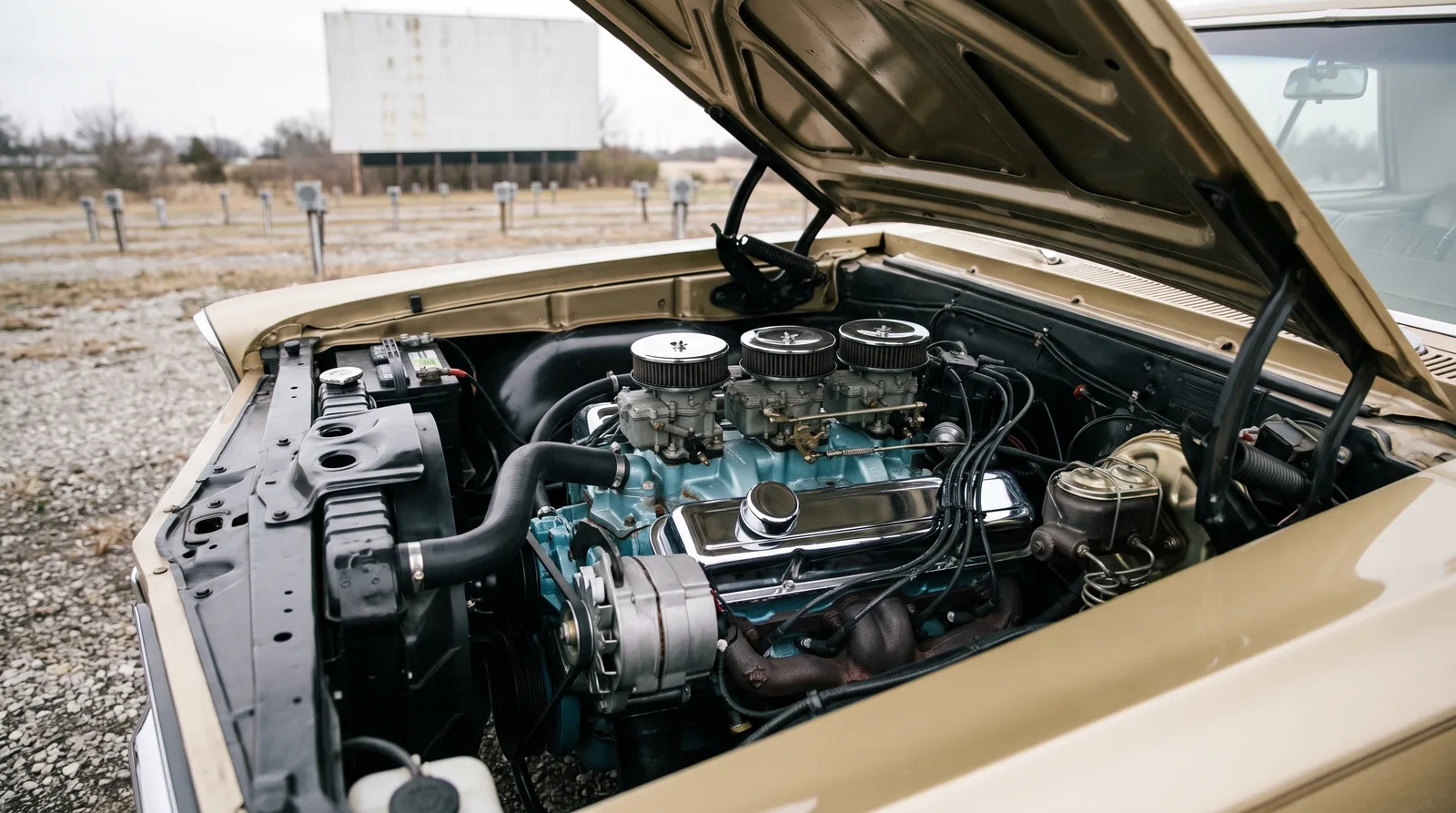 Pontiac 389 Tri-Power V8 in a 1965 GTO, drive-in lot