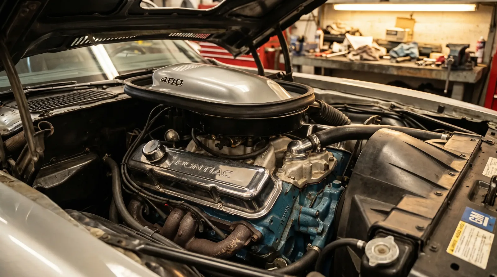 Pontiac 400 V8 engine bay with shaker hood scoop and chrome valve covers in a 1970s Trans Am