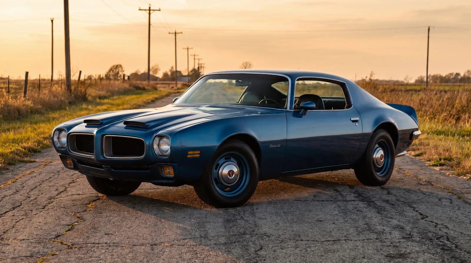 1971 Pontiac Firebird Formula 455 HO parked on cracked asphalt at golden hour