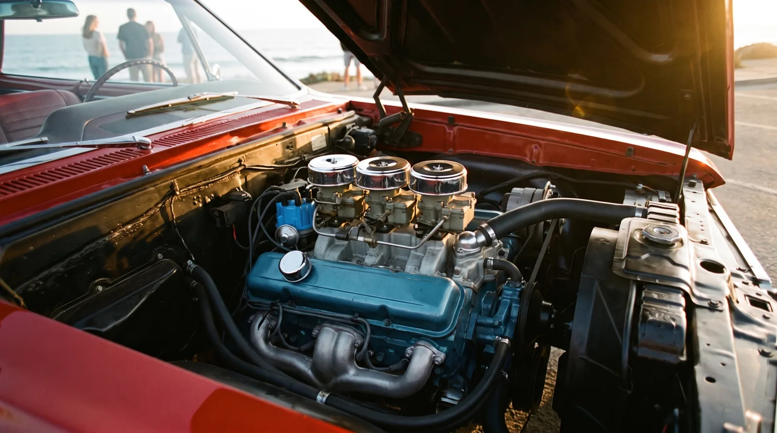 1964 Pontiac GTO 389 Tri-Power, engine bay at a coastal pullout
