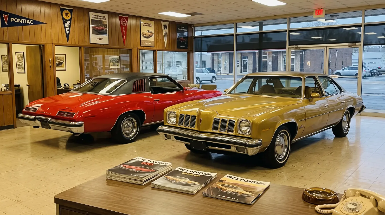 1973 Pontiac GTO and Grand Am in showroom