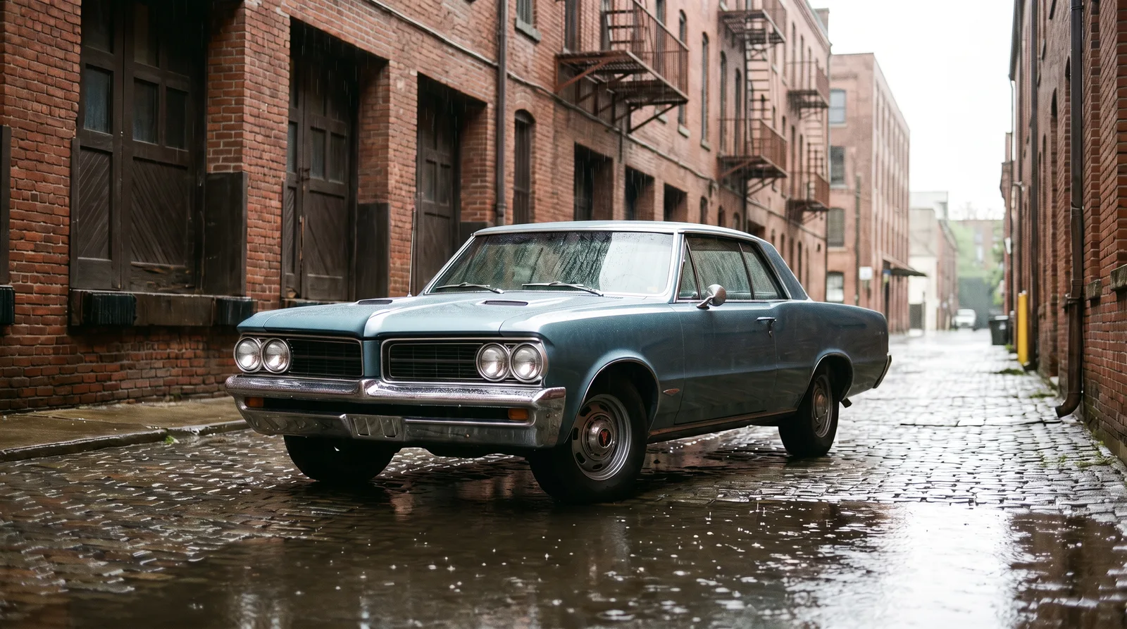 1964 Pontiac GTO, parked in a rainy brick warehouse alley