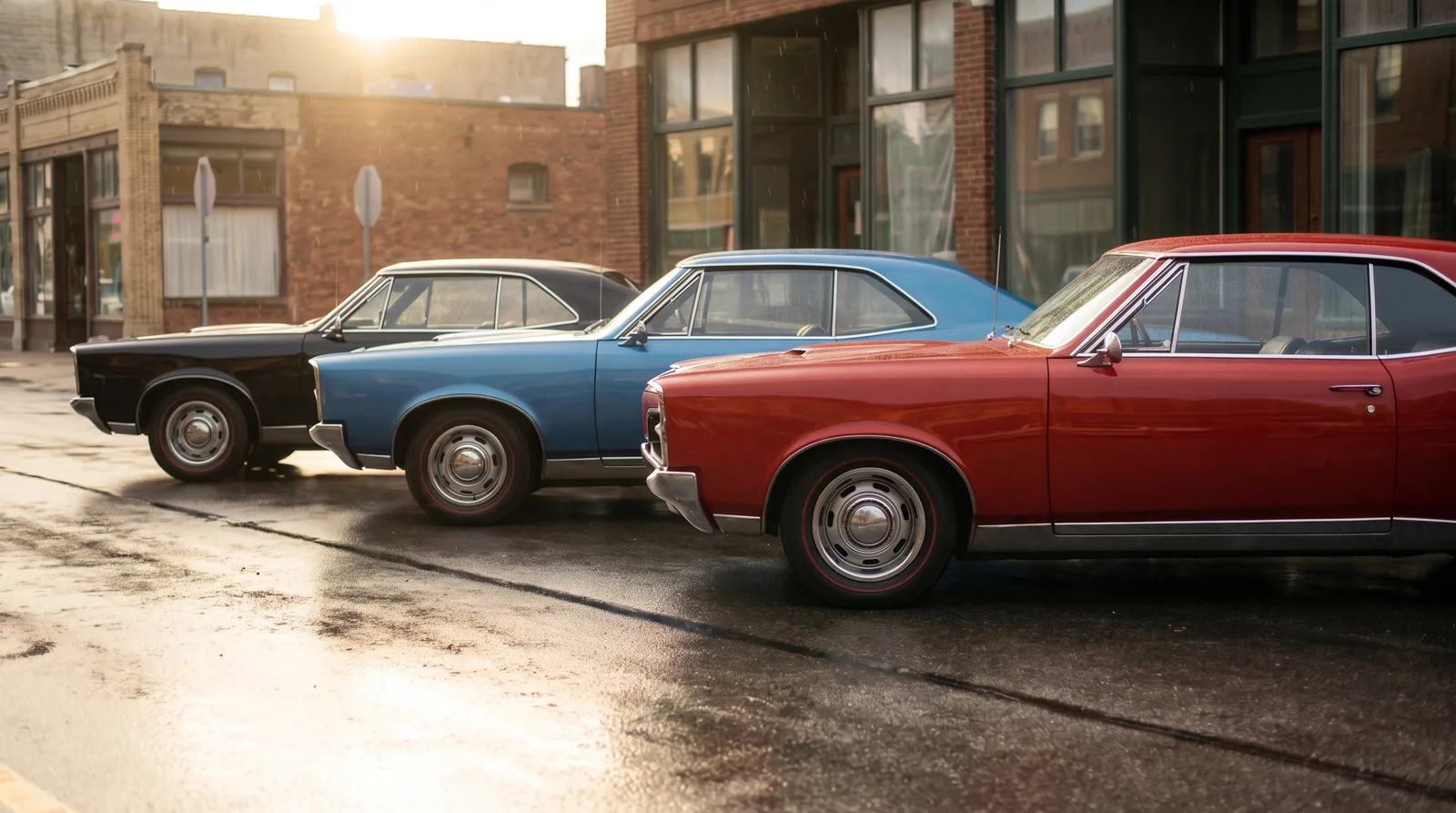 1967 Pontiac GTO, three club cars on a wet avenue