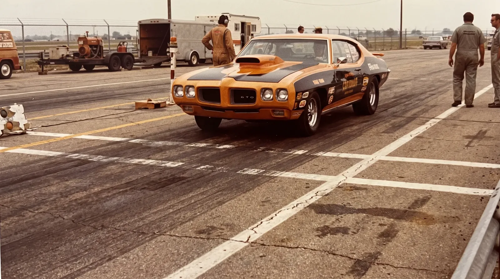 1970 Pontiac GTO staged on a drag strip