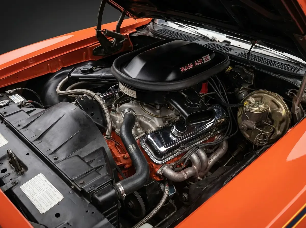 1969 Pontiac GTO Judge Ram Air IV 400 V8 — round-port engine bay detail